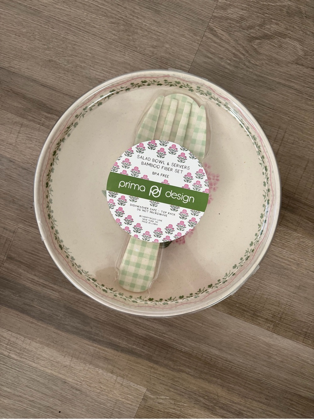 Prima Design Floral Salad Bowl & Servers — Cream with Green Trim